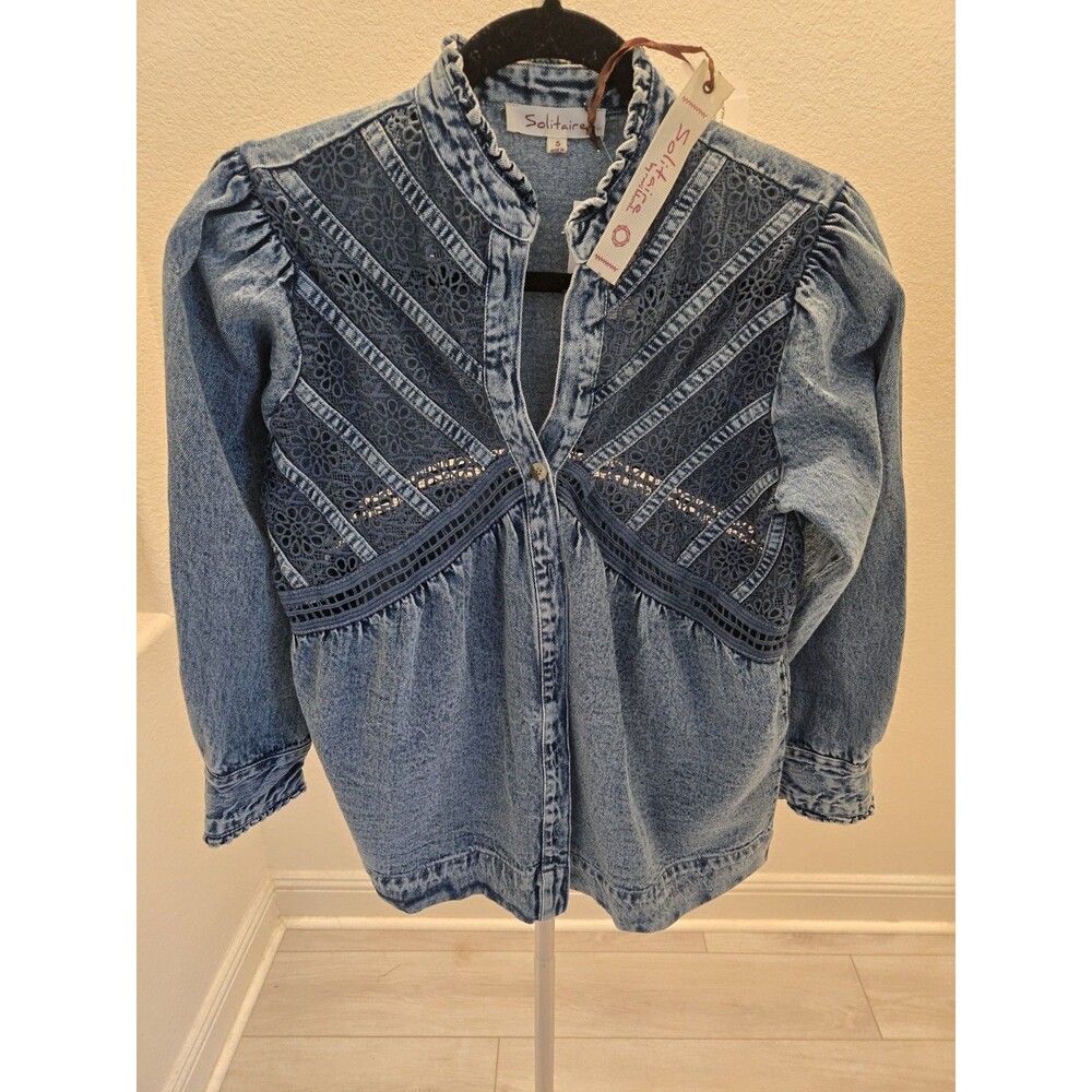 Solitaire Small NWT Lace Crochet Acid Wash Denim Blouse Top Jacket Women's